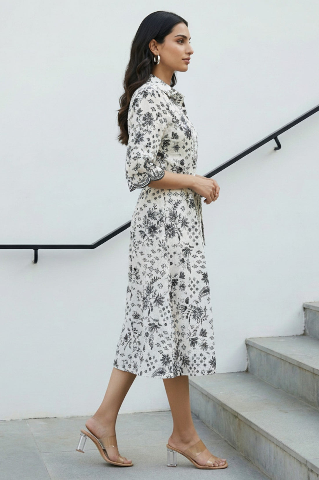 White Floral Printed Pure Cotton Flared Dress with Fabric Belt