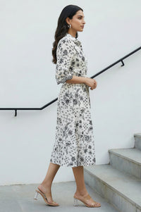White Floral Printed Pure Cotton Flared Dress with Fabric Belt