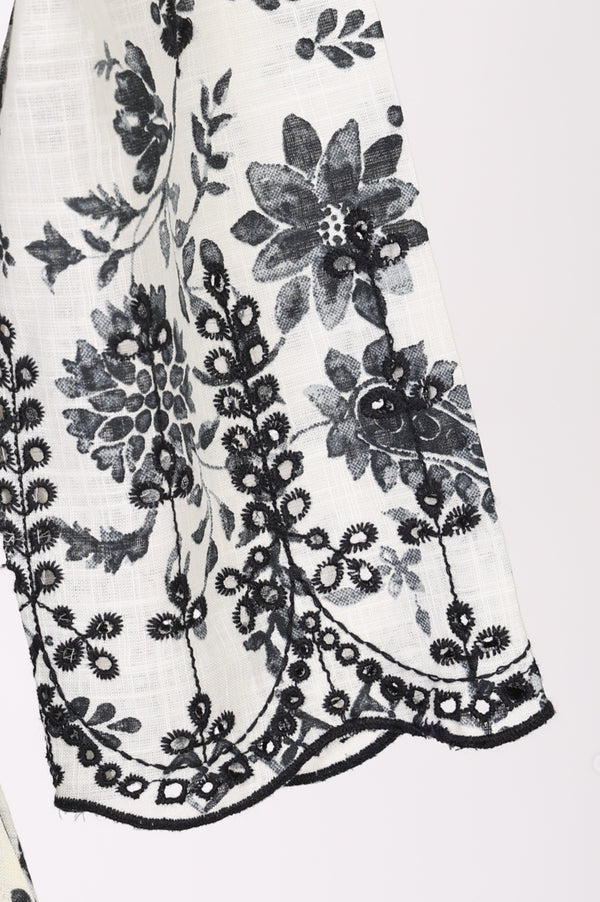 White Floral Printed Pure Cotton Flared Dress with Fabric Belt