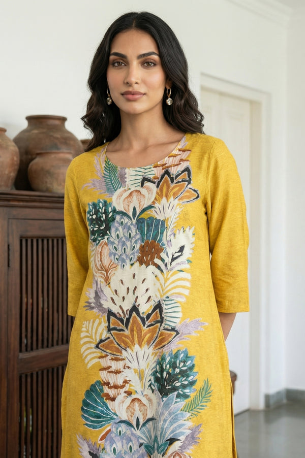 Yellow Floral Printed Rayon Straight Kurta
