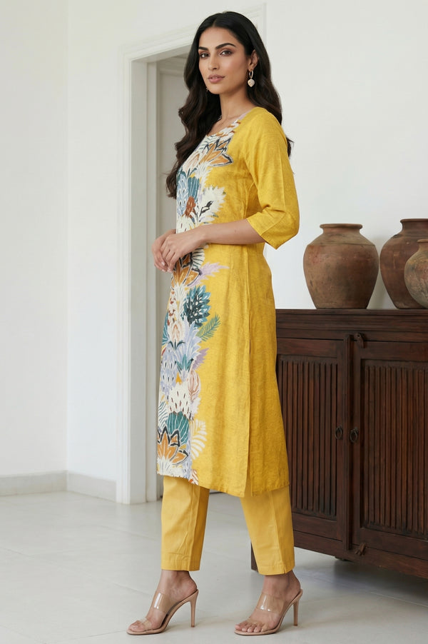 Yellow Floral Printed Rayon Straight Kurta
