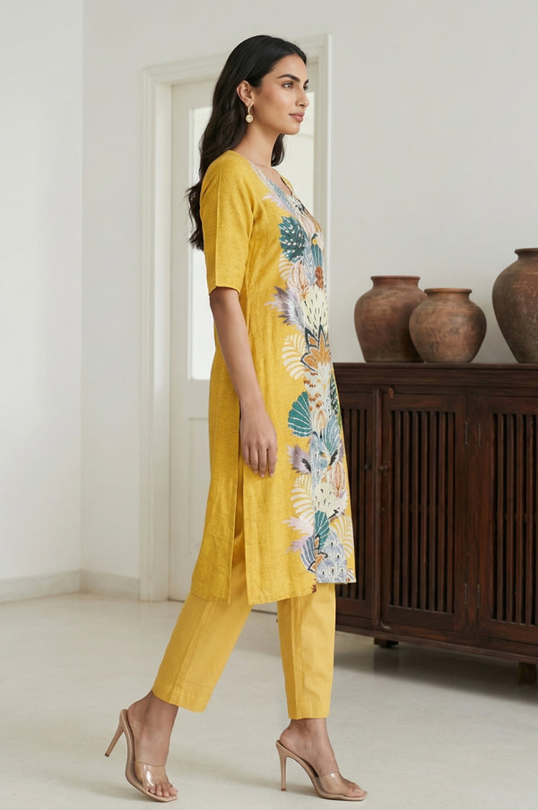 Yellow Floral Printed Rayon Straight Kurta