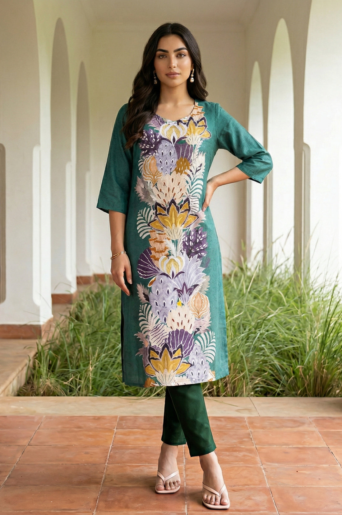 Green Floral Printed Straight Kurta