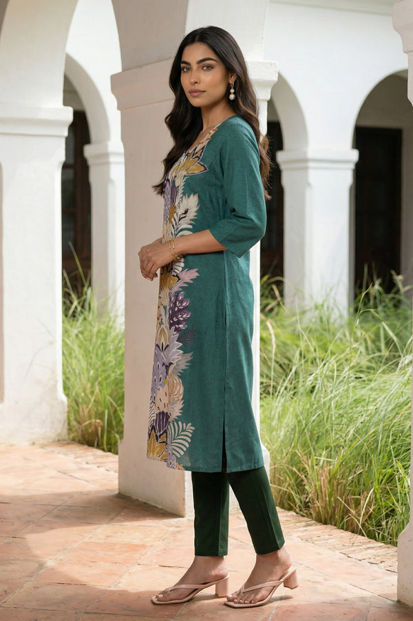 Green Floral Printed Straight Kurta