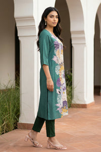Green Floral Printed Straight Kurta