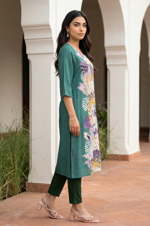 Green Floral Printed Straight Kurta