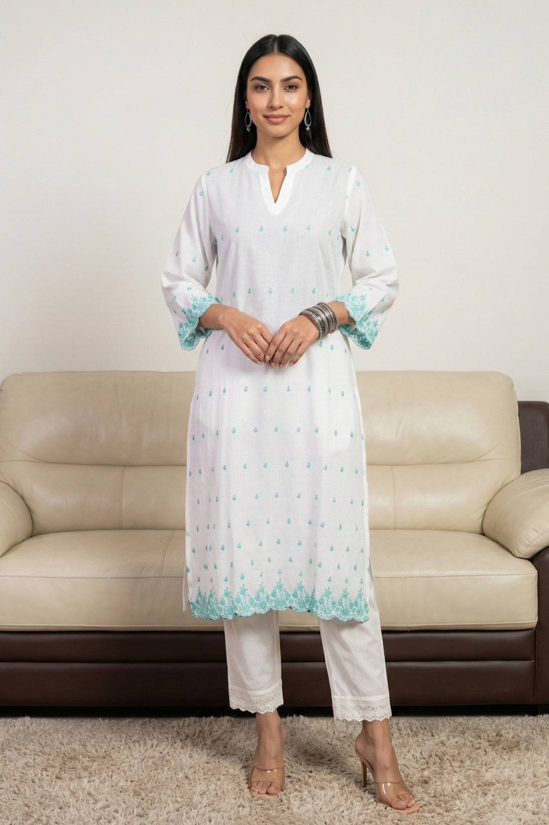 White Embroidered Pure Cotton Straight Kurta
