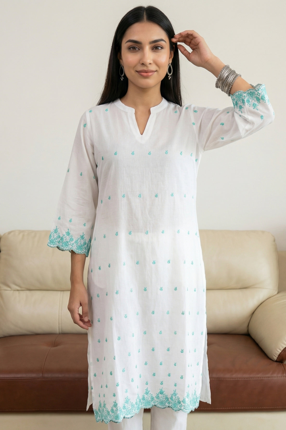 White Embroidered Pure Cotton Straight Kurta