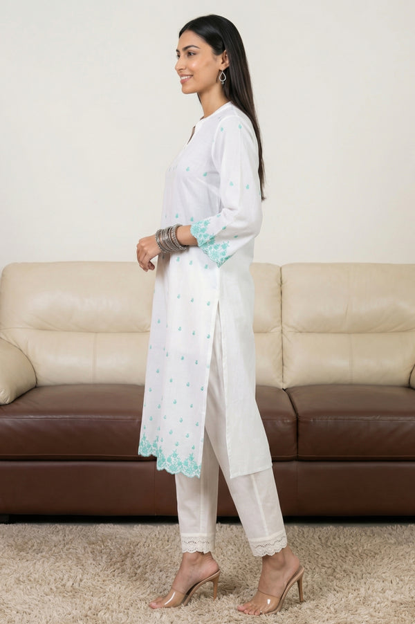 White Embroidered Pure Cotton Straight Kurta
