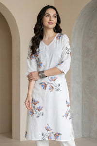 White Floral Printed Pure Cotton Straight Kurta with Lace