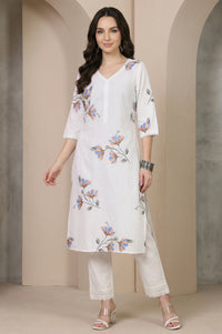 White Floral Printed Pure Cotton Straight Kurta with Lace