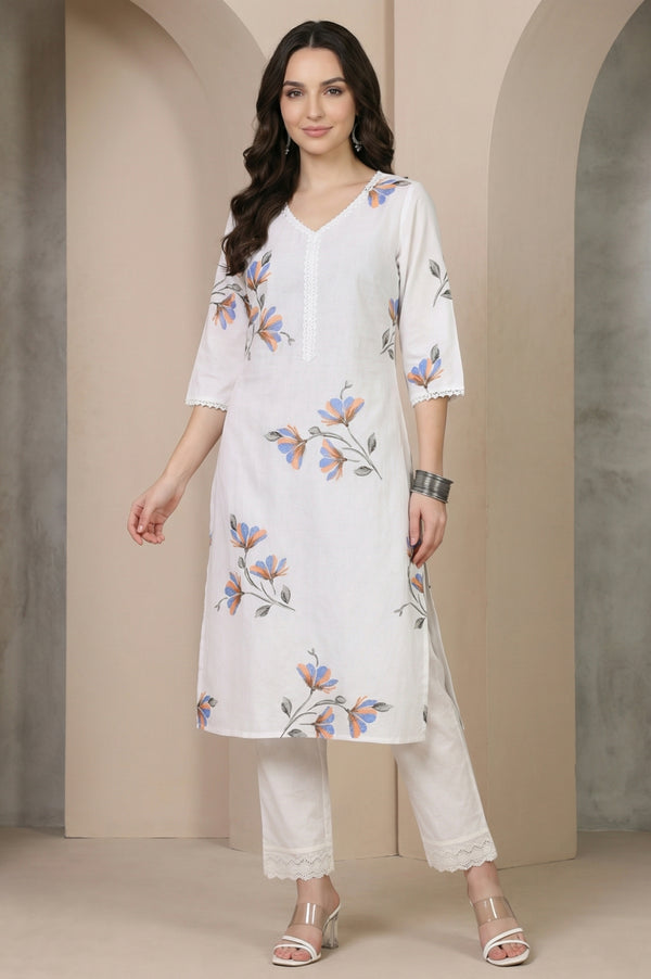 White Floral Printed Pure Cotton Straight Kurta with Lace