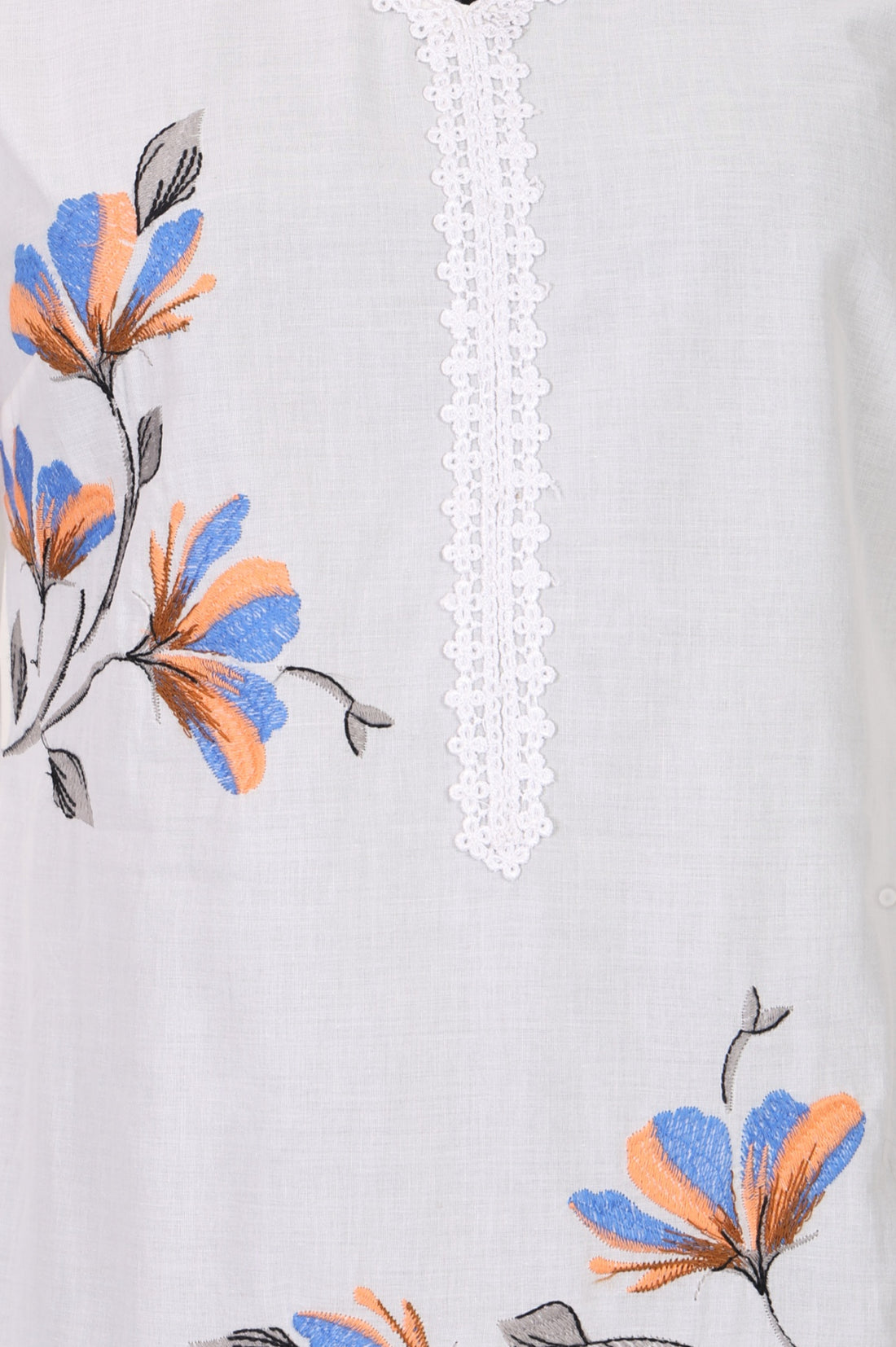 White Floral Printed Pure Cotton Straight Kurta with Lace