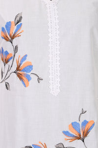 White Floral Printed Pure Cotton Straight Kurta with Lace