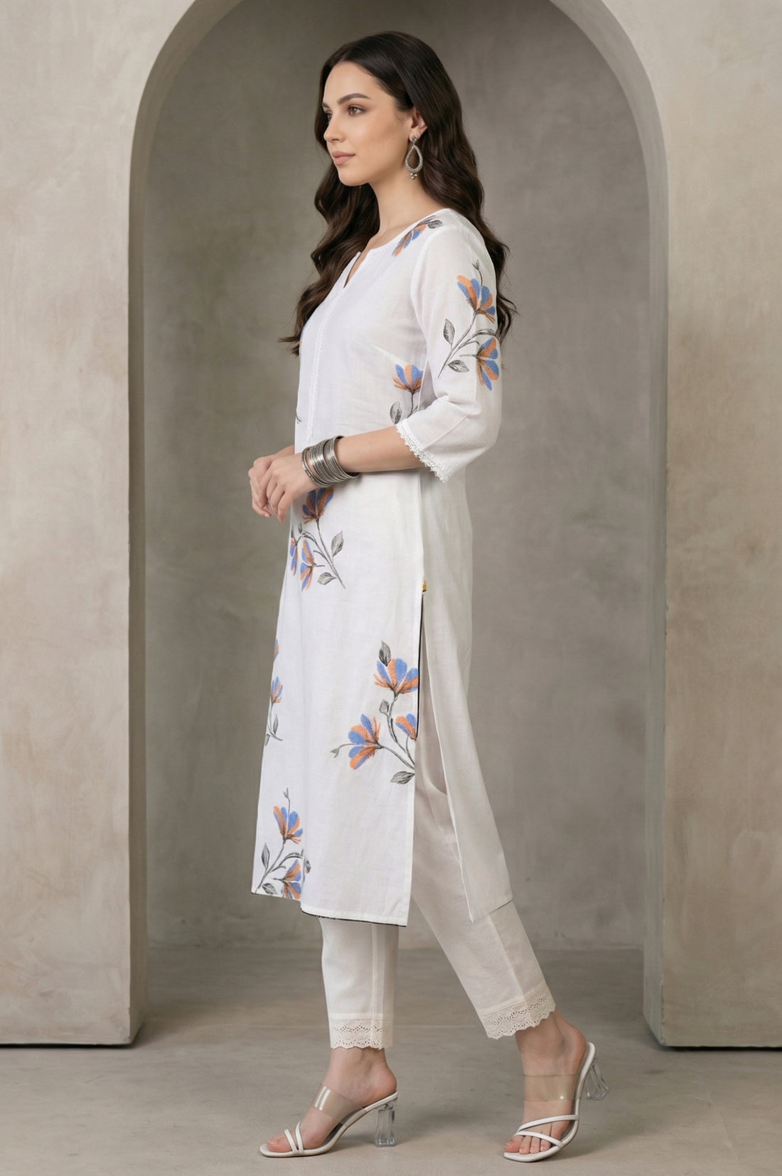 White Floral Printed Pure Cotton Straight Kurta with Lace