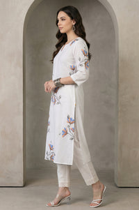 White Floral Printed Pure Cotton Straight Kurta with Lace