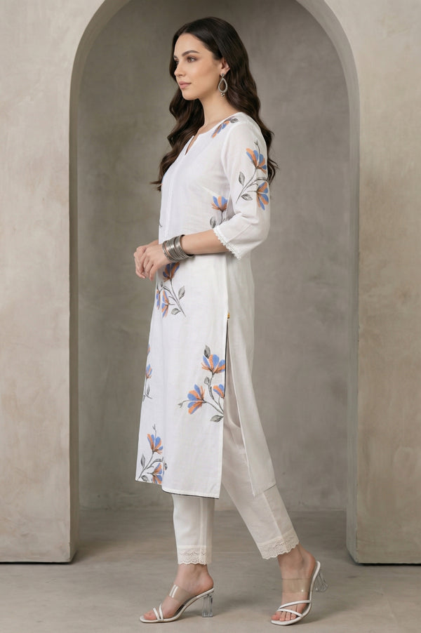 White Floral Printed Pure Cotton Straight Kurta with Lace