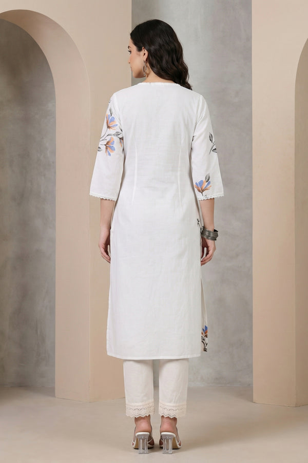 White Floral Printed Pure Cotton Straight Kurta with Lace