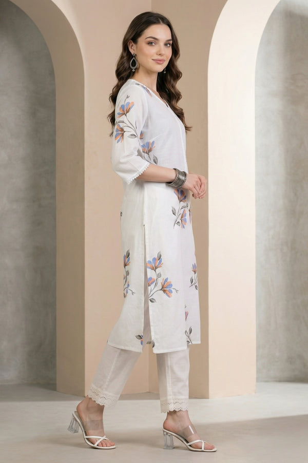White Floral Printed Pure Cotton Straight Kurta with Lace