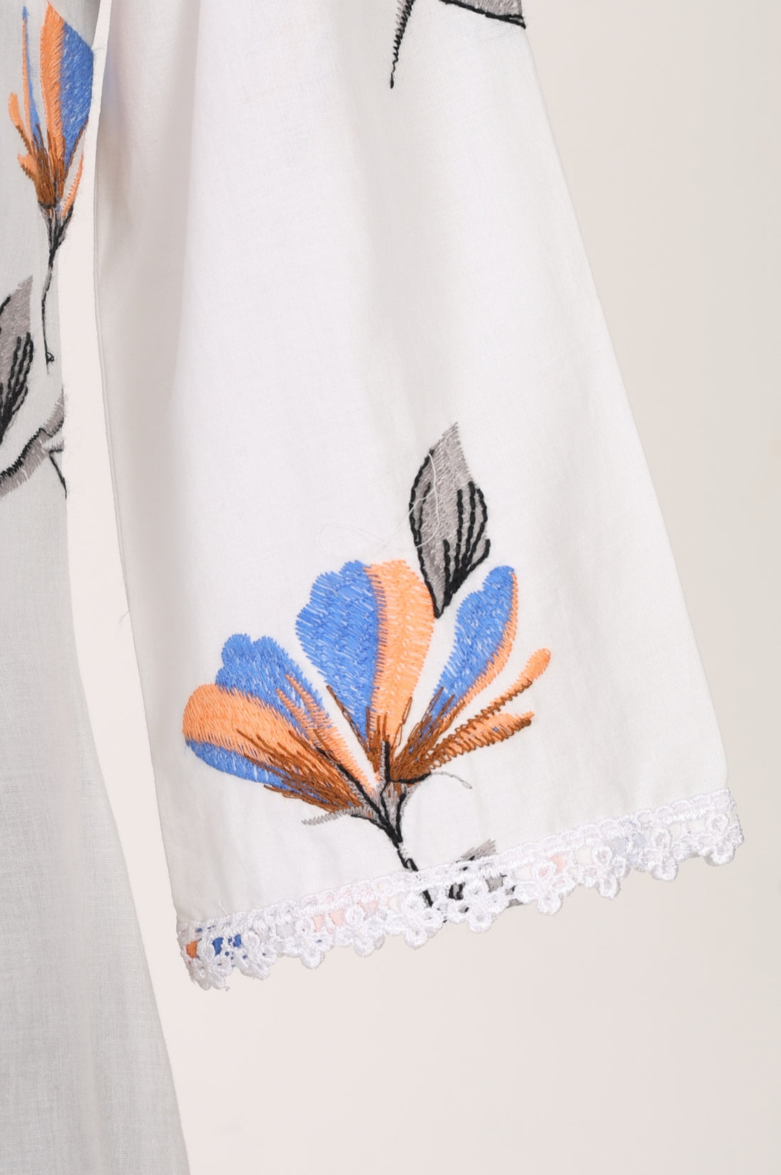 White Floral Printed Pure Cotton Straight Kurta with Lace