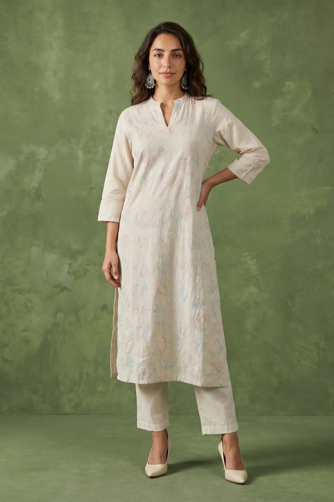 Off White Thread Embroidered Cotton Flax Straight Kurta