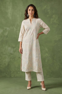Off White Thread Embroidered Cotton Flax Straight Kurta