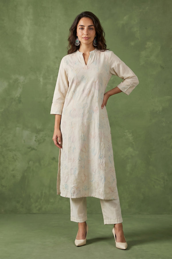 Off White Thread Embroidered Cotton Flax Straight Kurta