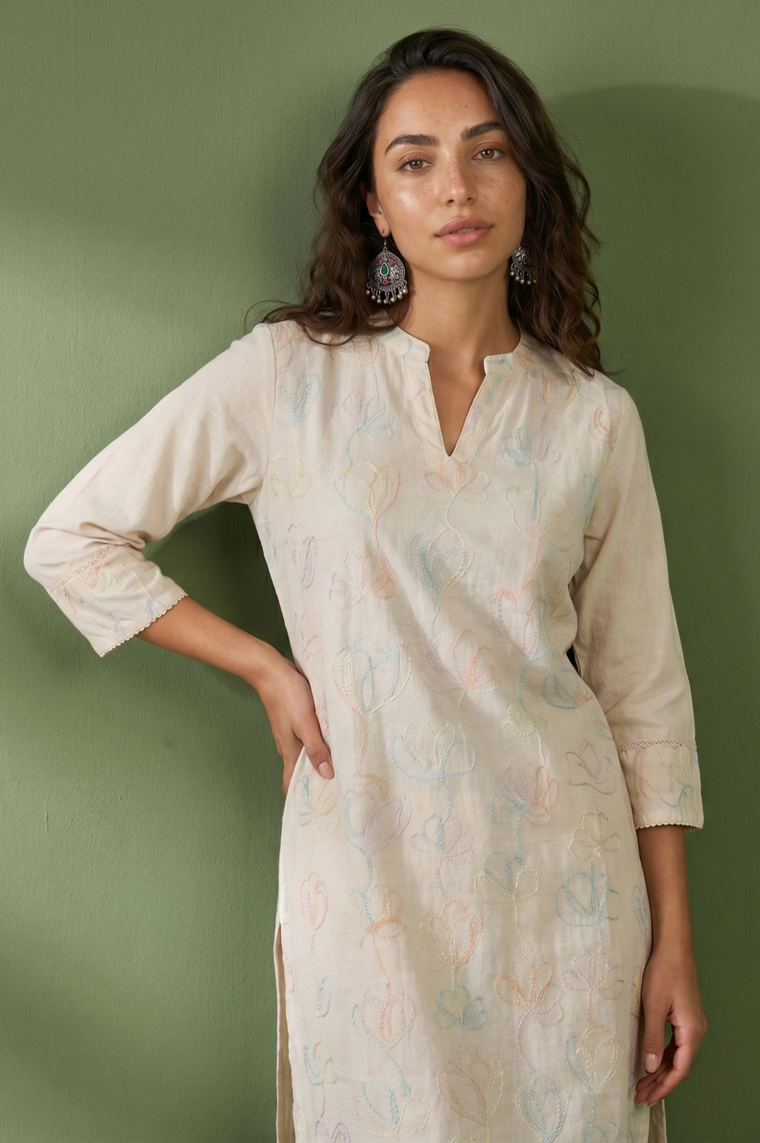 Off White Thread Embroidered Cotton Flax Straight Kurta