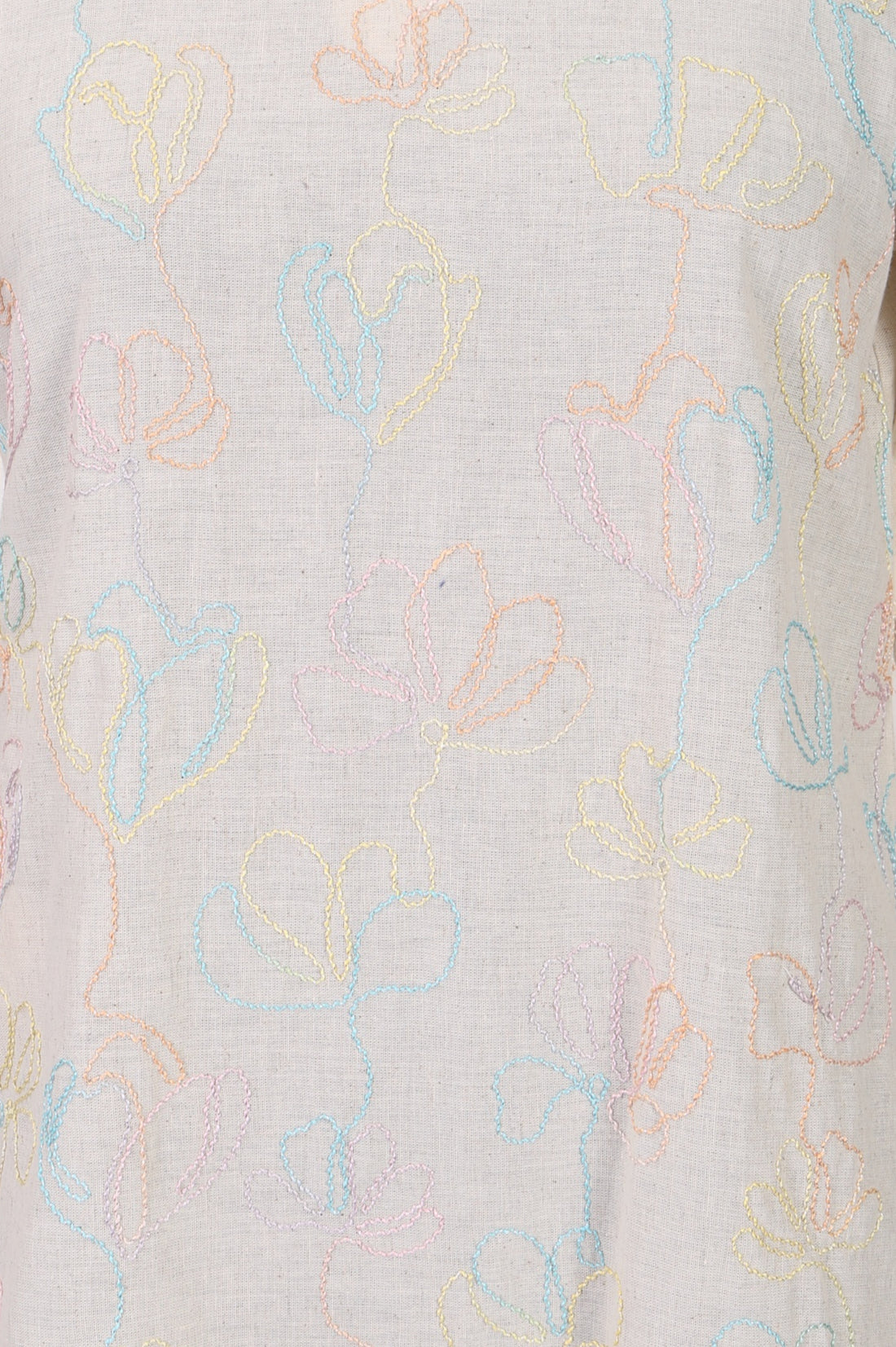 Off White Thread Embroidered Cotton Flax Straight Kurta