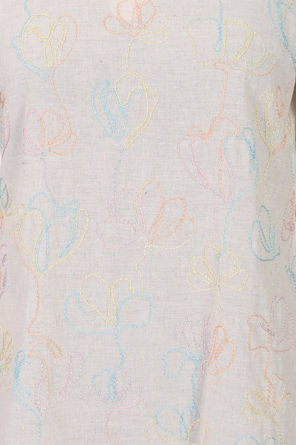 Off White Thread Embroidered Cotton Flax Straight Kurta