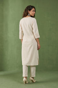 Off White Thread Embroidered Cotton Flax Straight Kurta