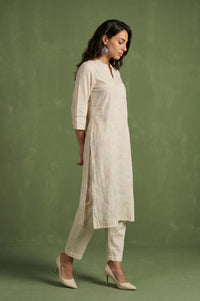 Off White Thread Embroidered Cotton Flax Straight Kurta