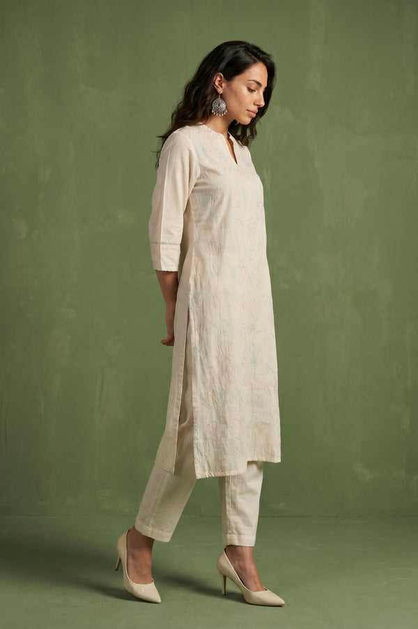 Off White Thread Embroidered Cotton Flax Straight Kurta