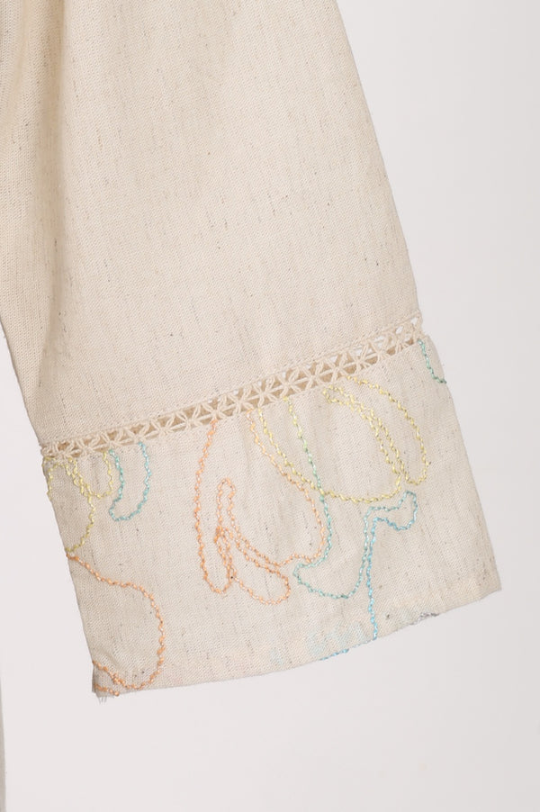 Off White Thread Embroidered Cotton Flax Straight Kurta