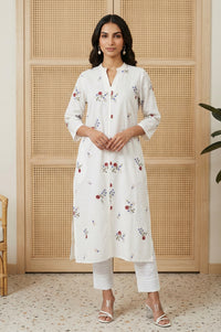 White Thread Embroidered Pure Cotton Straight Kurta