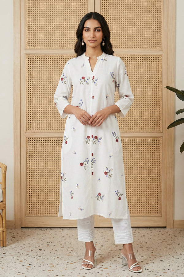 White Thread Embroidered Pure Cotton Straight Kurta