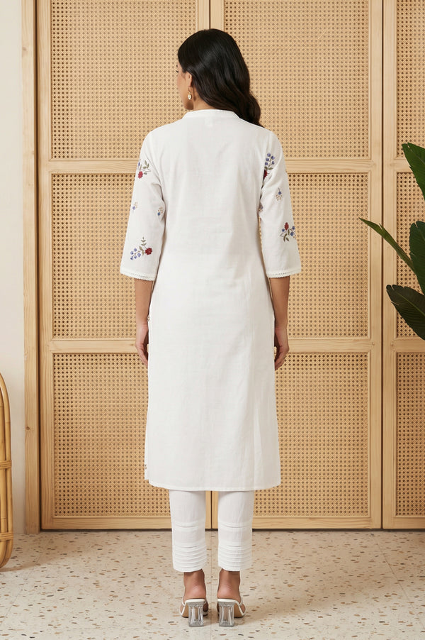 White Thread Embroidered Pure Cotton Straight Kurta