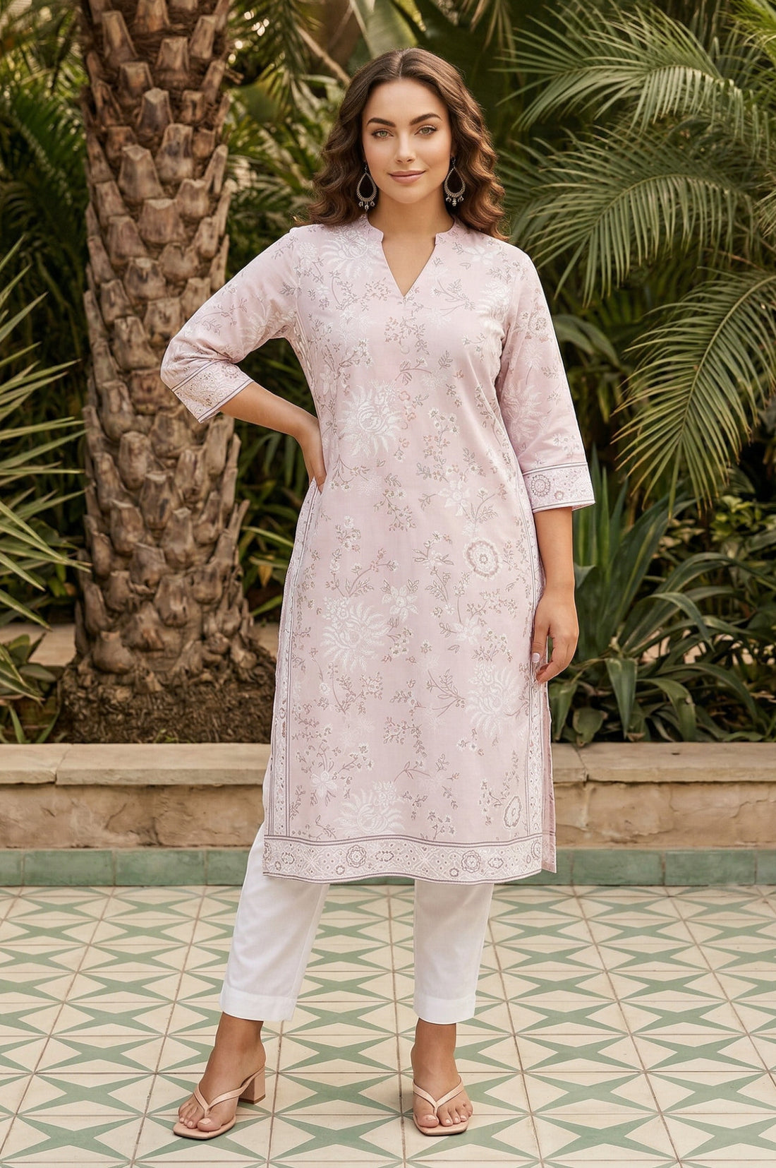 Pink Floral Printed Straight Kurta