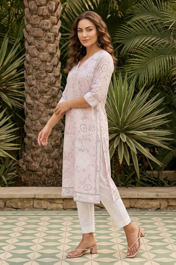 Pink Floral Printed Straight Kurta
