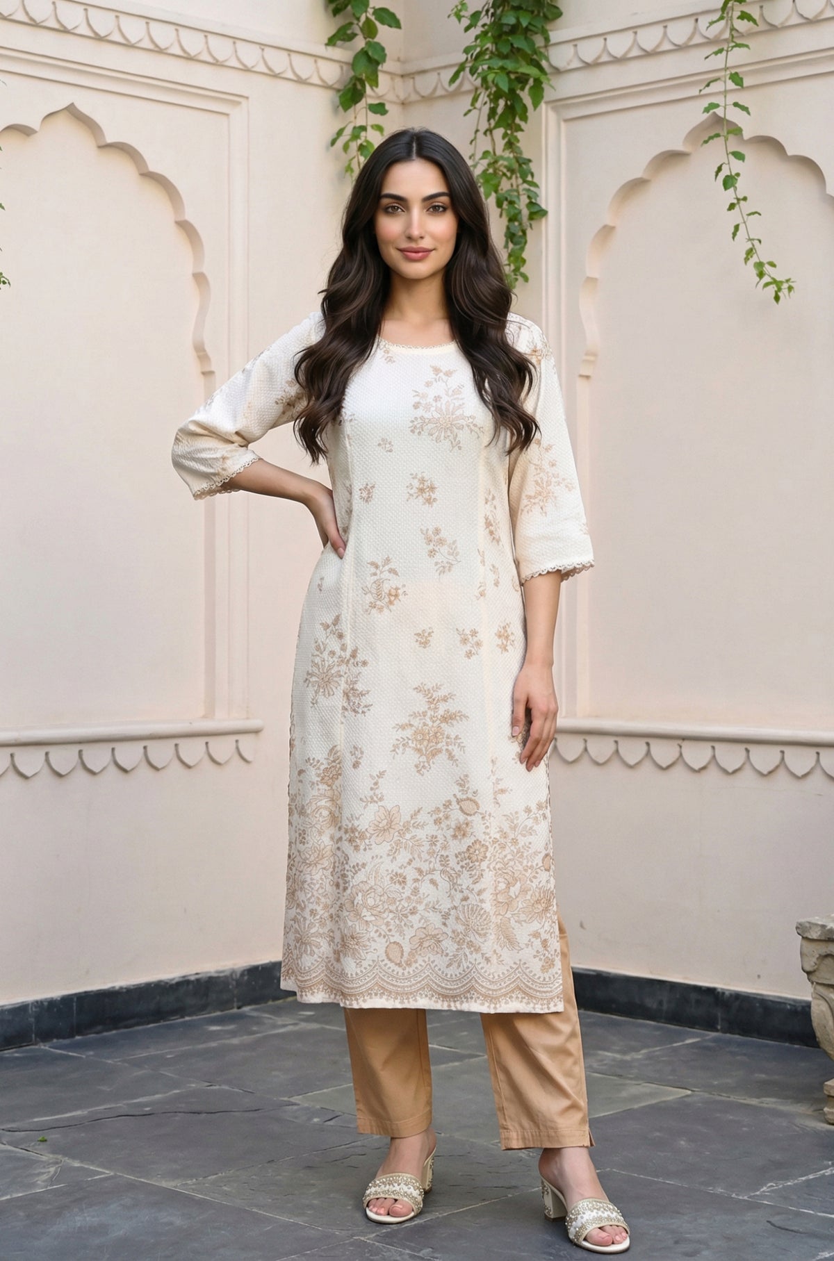Off White Floral Printed Rayon Straight Kurta with Lace - S