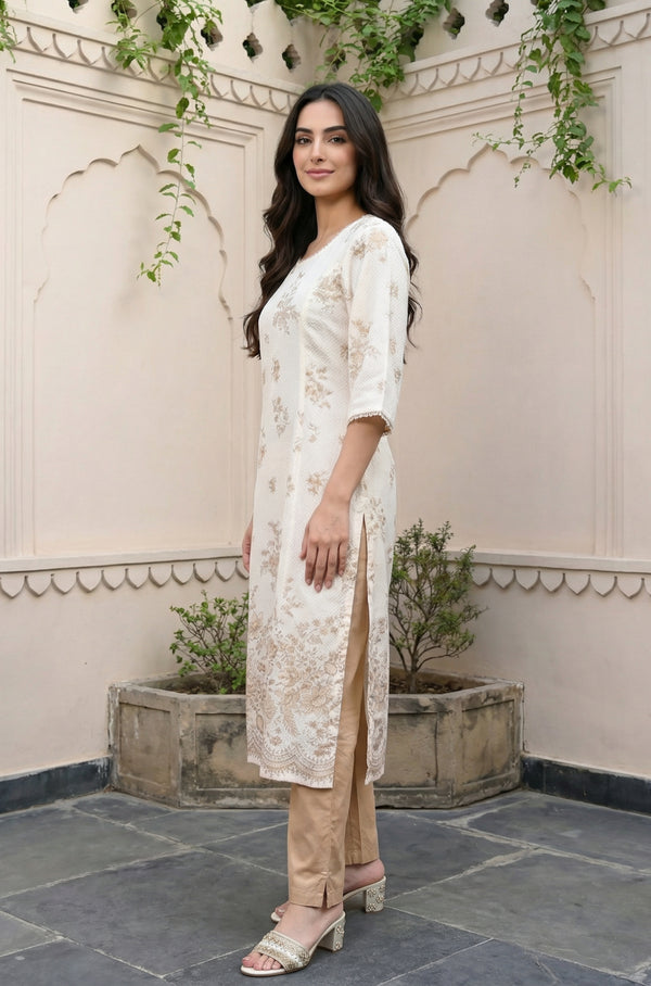 Off White Floral Printed Rayon Straight Kurta with Lace