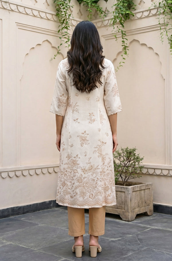 Off White Floral Printed Rayon Straight Kurta with Lace
