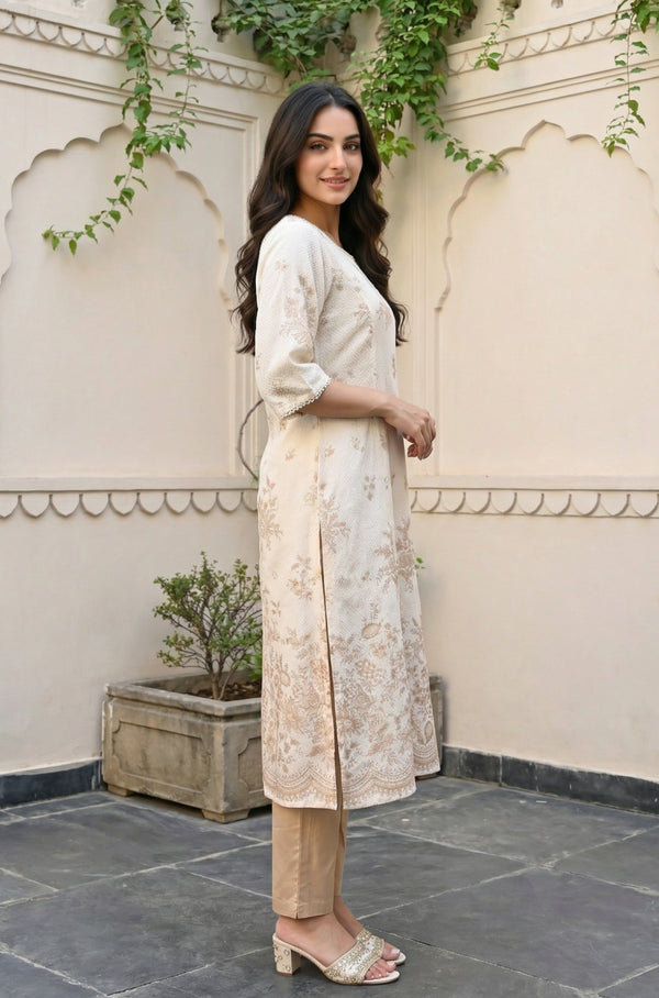 Off White Floral Printed Rayon Straight Kurta with Lace
