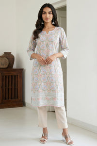 White Floral Printed Rayon Straight Kurta