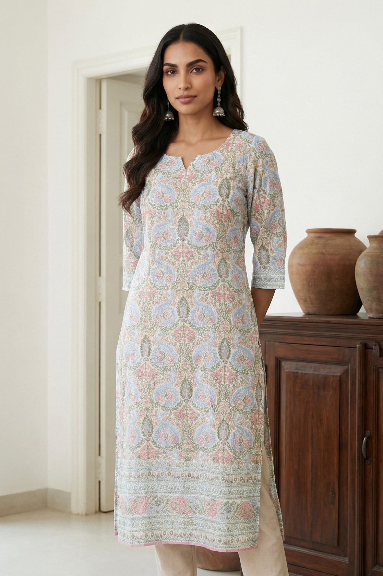 Buy Aurelia Women's Blue Floral Printed Rayon A-line Kurta Online