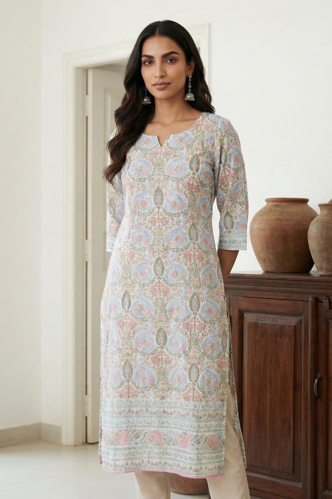 White Floral Printed Rayon Straight Kurta