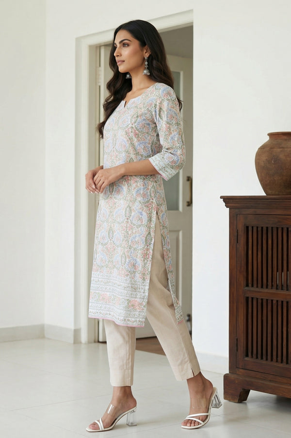White Floral Printed Rayon Straight Kurta