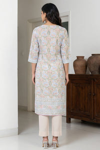 White Floral Printed Rayon Straight Kurta
