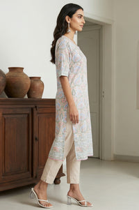 White Floral Printed Rayon Straight Kurta