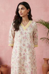 Cream Floral Printed Rayon Straight Kurta with Lace